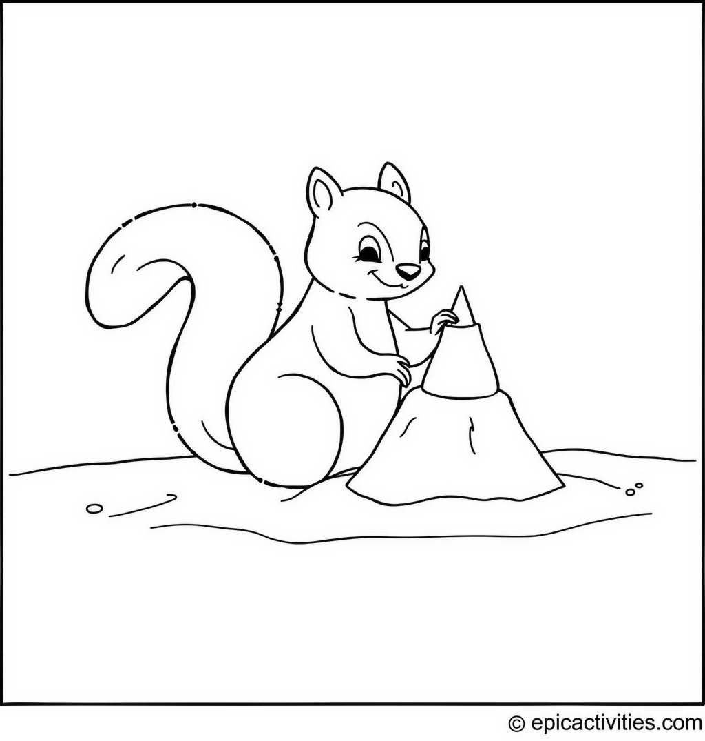 Coloring page of a Cute Cartoon Squirrel Building a Sandcastle on the Beach