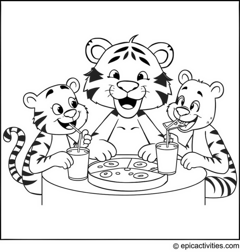 Coloring page of a Cute Cartoon Tiger and Friends Pizza Party