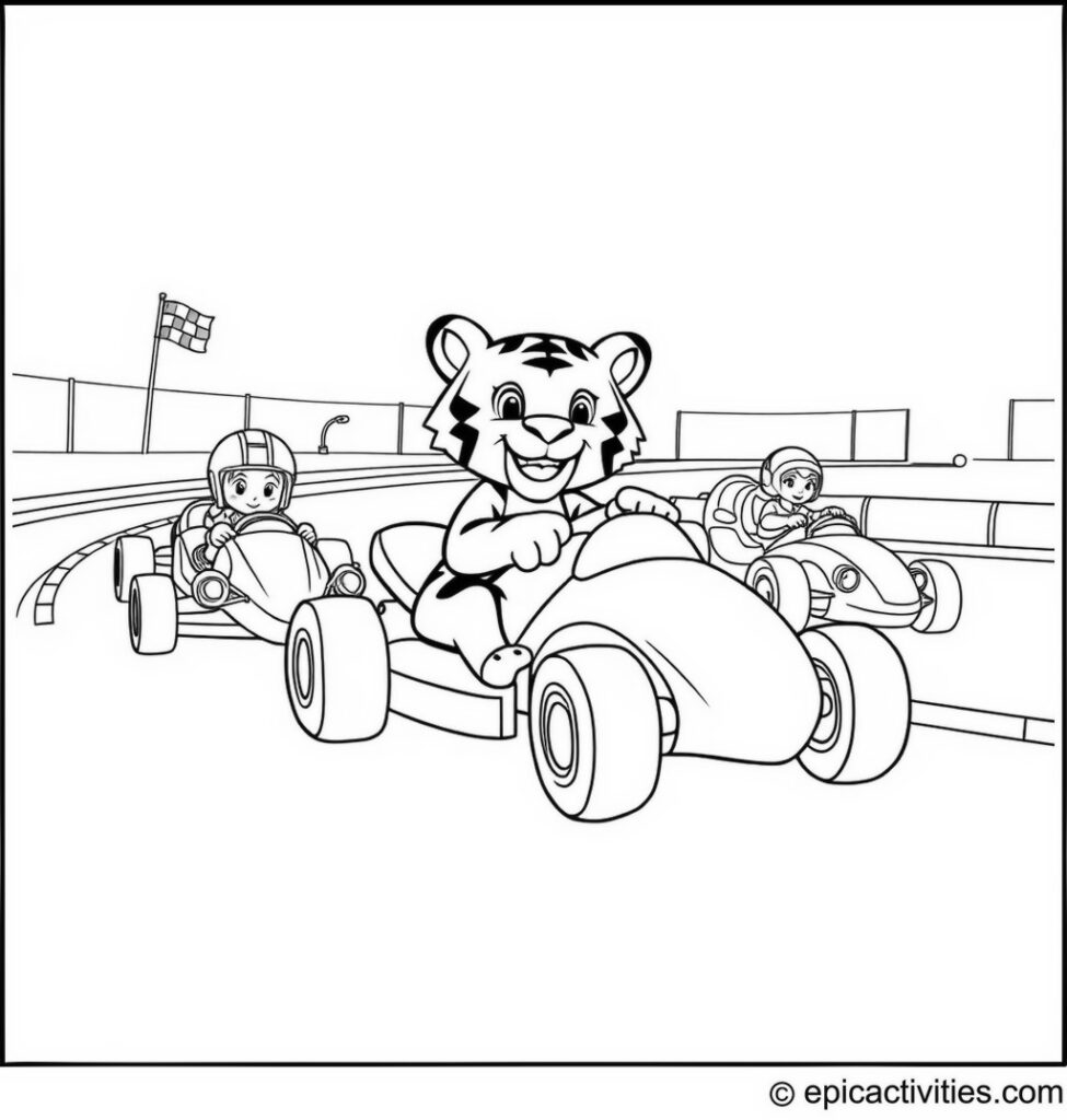 Coloring page of a Cute Cartoon Tiger and Friends Racing Cars on a Fun Cartoon Racetrack