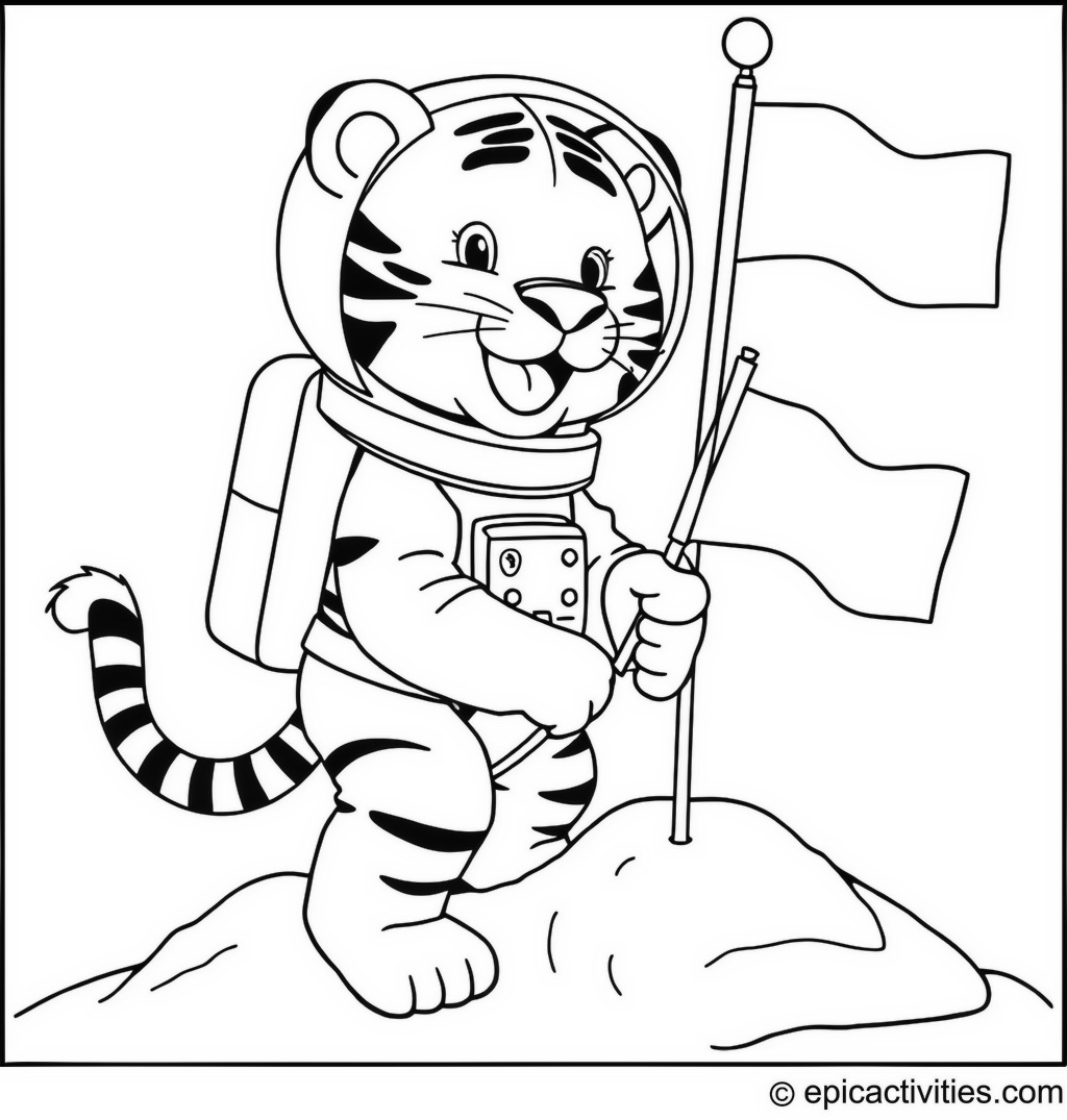 Coloring page of a cute cartoon tiger astronaut planting a flag on the moon