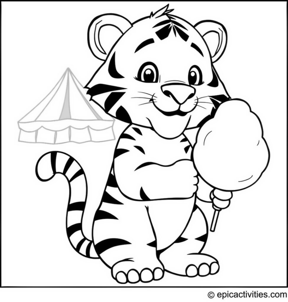 Coloring page of a cute cartoon tiger at a carnival with a big cotton candy
