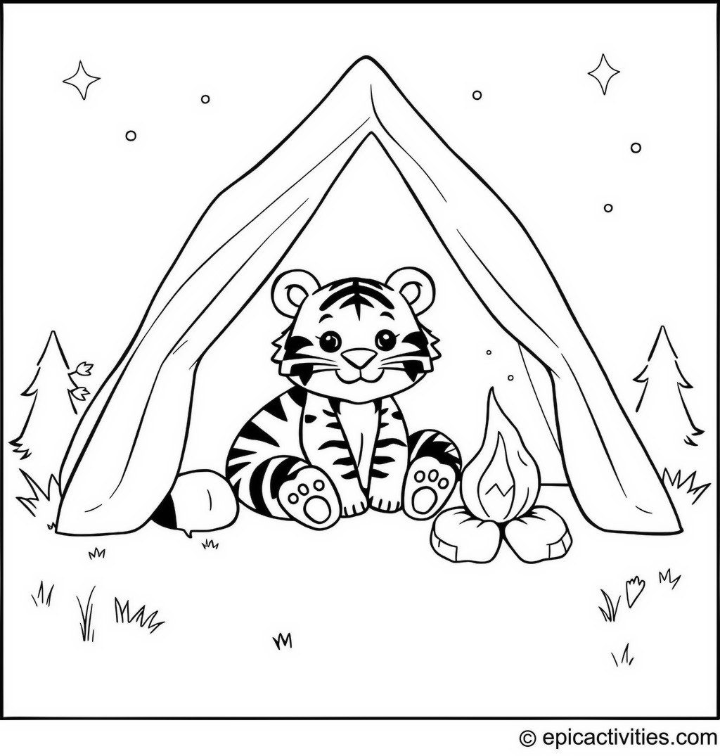 Coloring Page of a Cute Cartoon Tiger Camping in a Tent