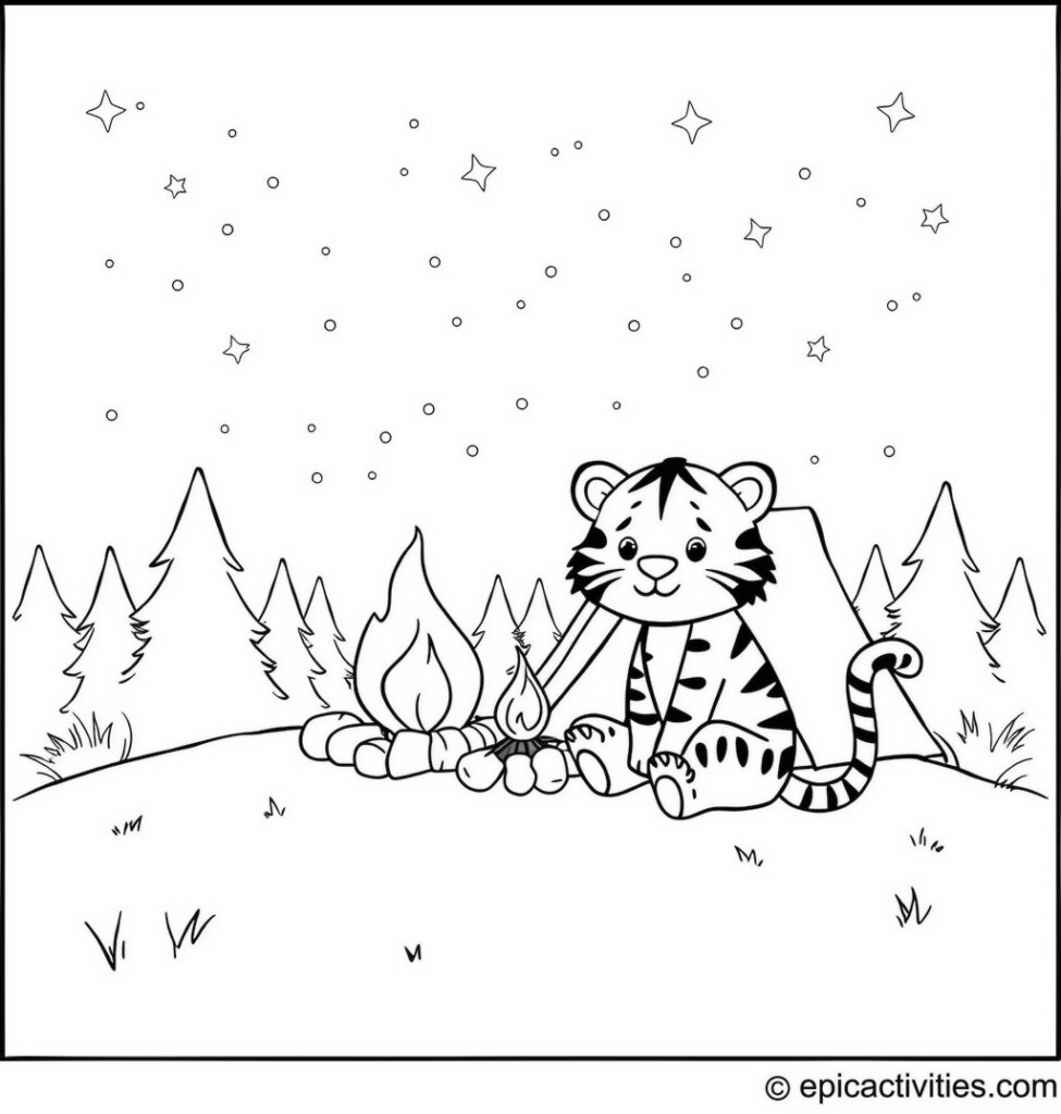 Coloring page of a Cute Cartoon Tiger Camping Under the Starry Night Sky