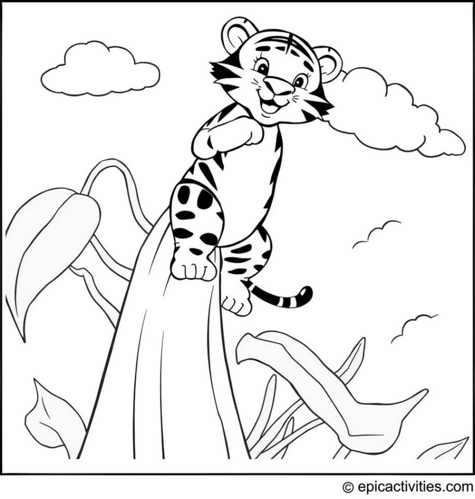 Coloring page of a cute cartoon tiger climbing a giant beanstalk into the clouds
