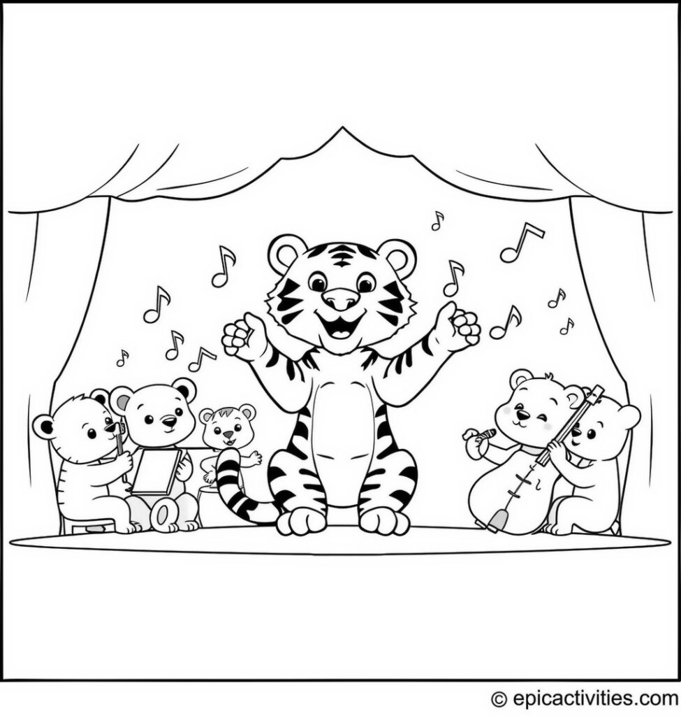 Coloring page of a cute cartoon tiger conducting an orchestra of cute cartoon animals