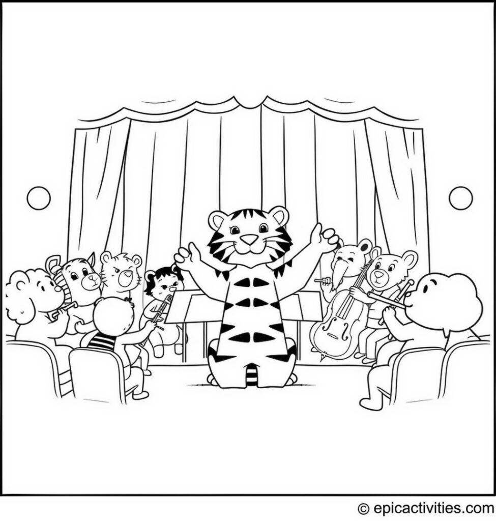 Coloring page of a cute cartoon tiger conducting an orchestra of cartoon animals