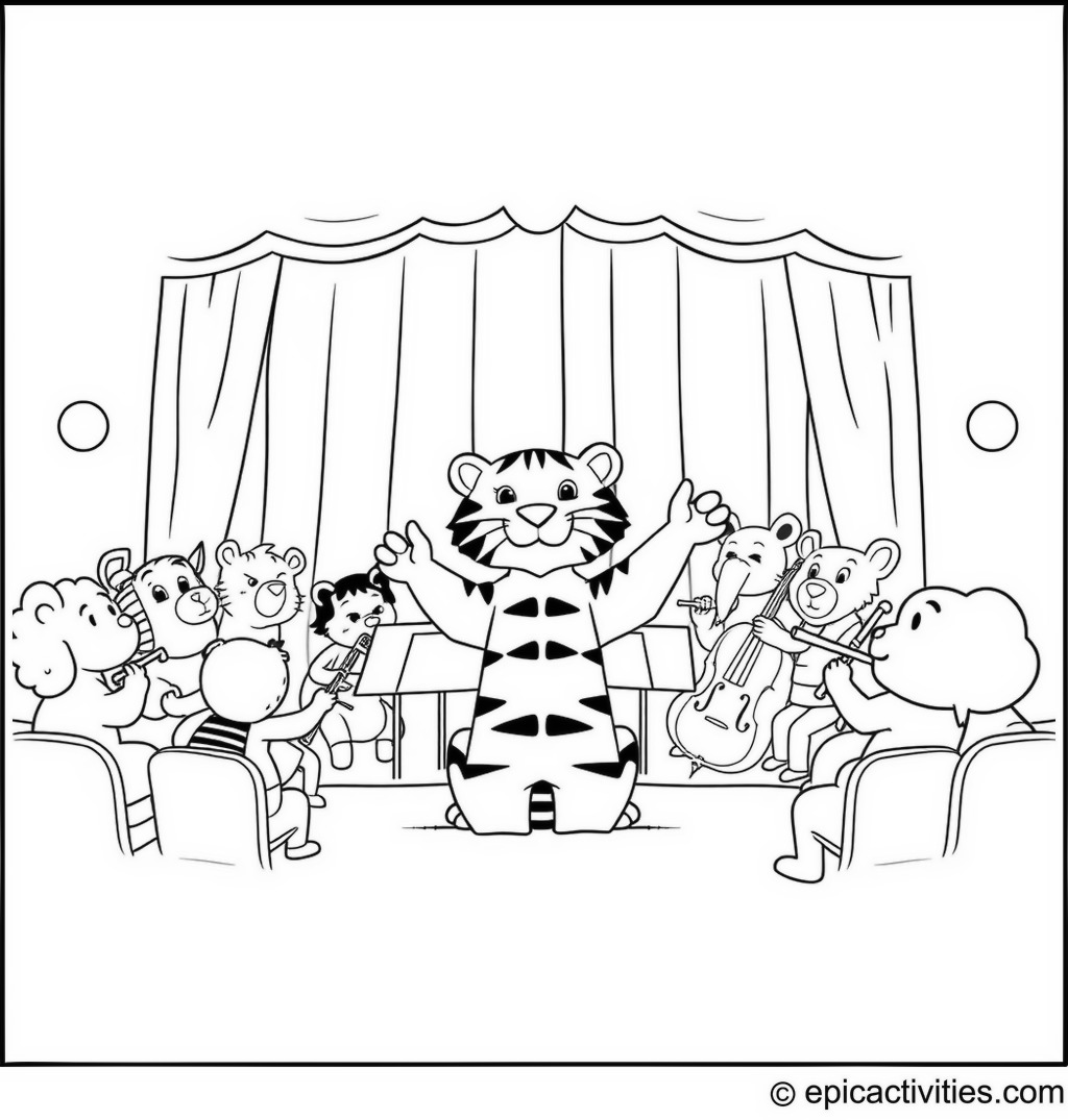 Coloring page of a cute cartoon tiger conducting an orchestra of cartoon animals