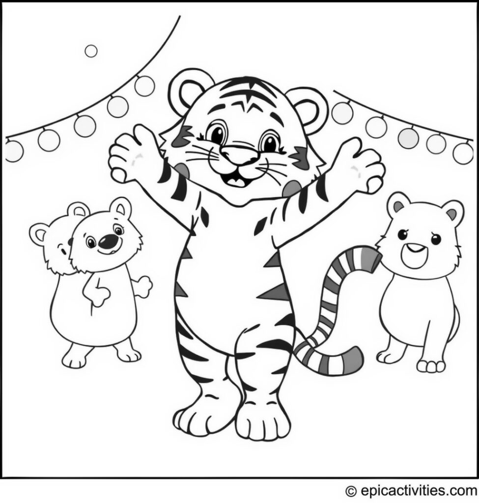 Coloring page of a cute cartoon tiger dancing at a disco party with colorful lights and other animals joining in