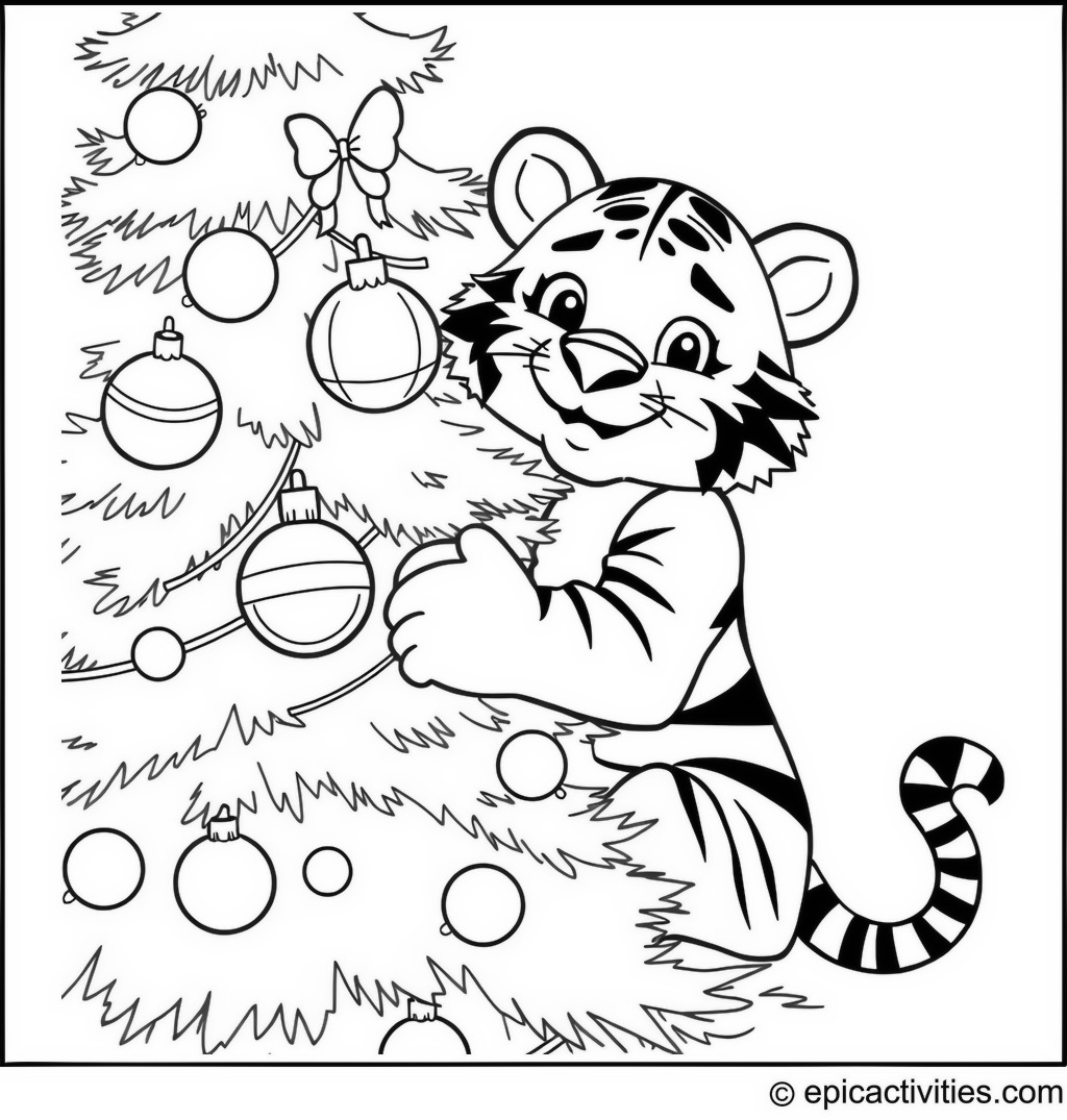 Coloring page of a Cute Cartoon Tiger Decorating a Christmas Tree
