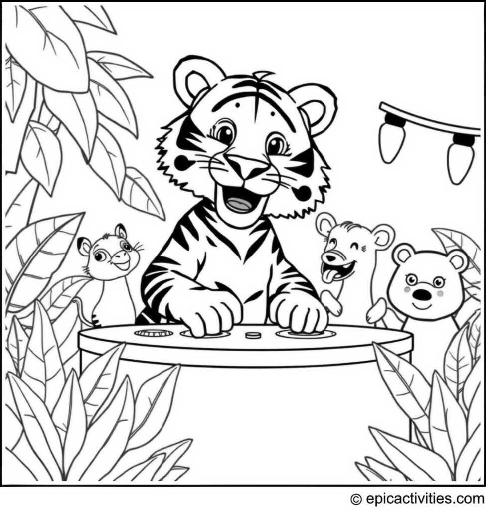 Coloring page of a cute cartoon tiger DJing at a jungle themed party with cartoon animals dancing