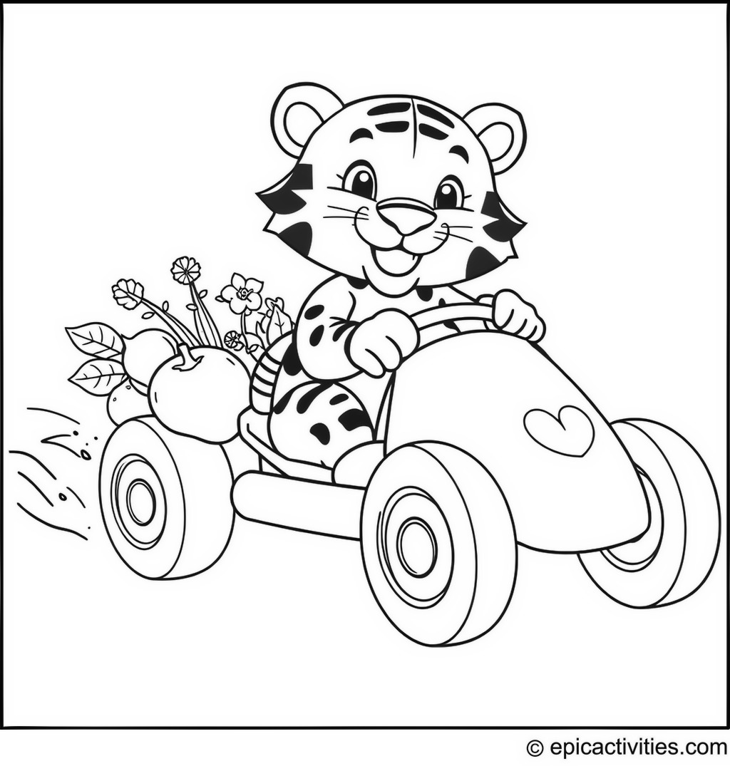 Coloring page of a Cute Cartoon Tiger Driving a Fruity Veggie Car Race