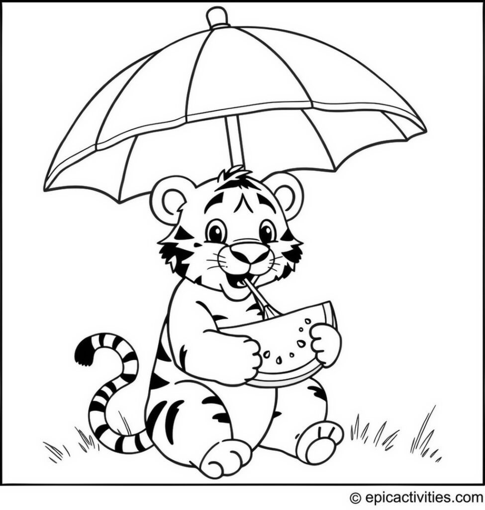 Coloring page of a cute cartoon tiger enjoying watermelon under a big umbrella on a sunny day