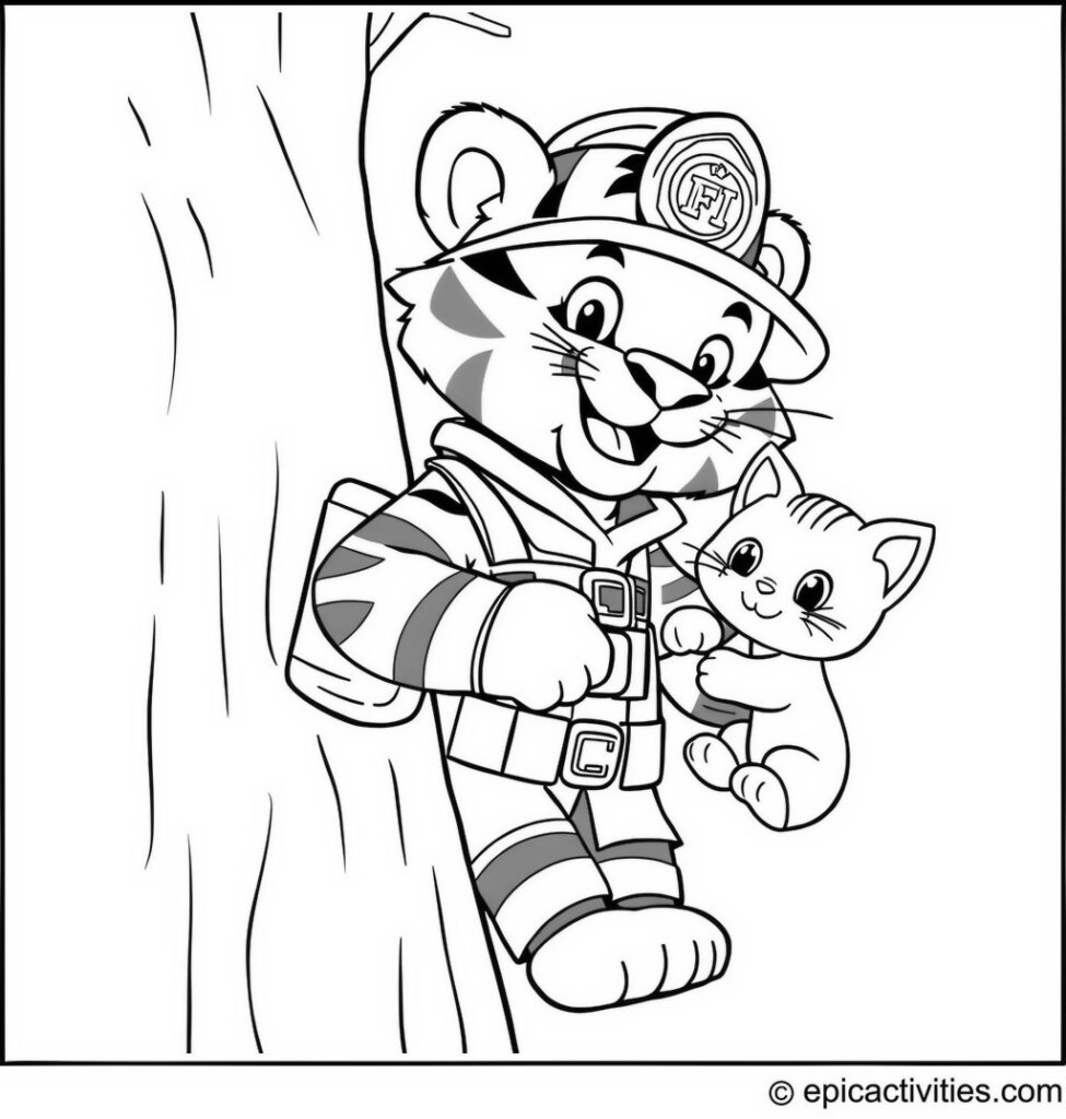 Coloring page of a cute cartoon tiger firefighter rescuing a cute cartoon cat from a tree