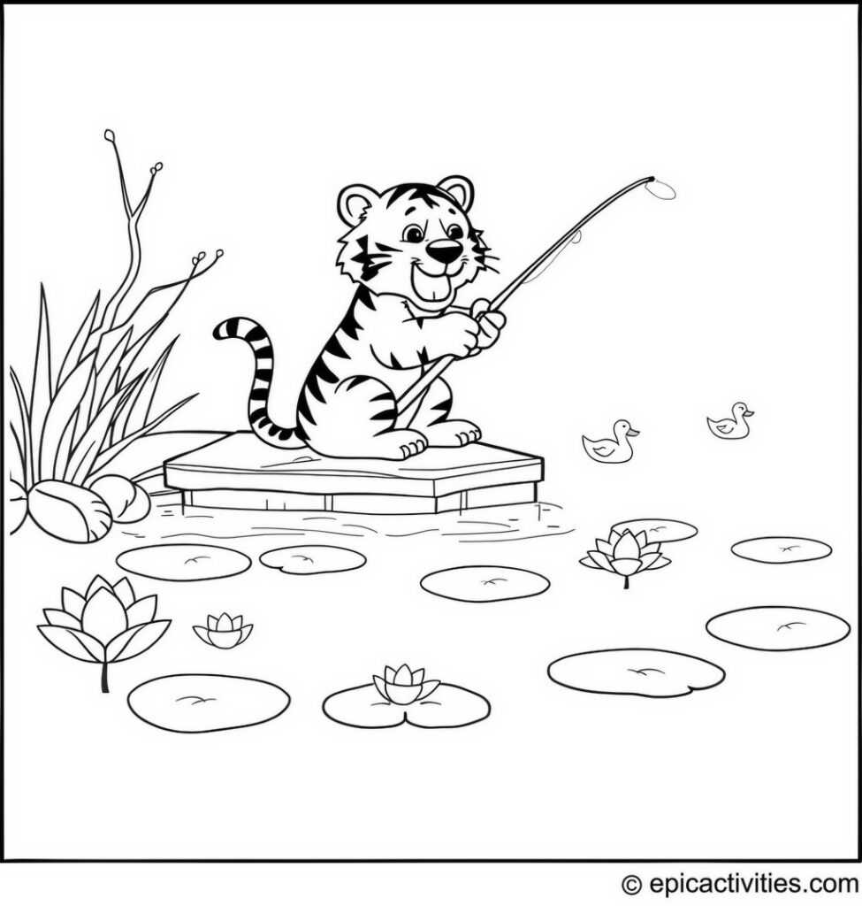 Coloring page of a Cute Cartoon Tiger Fishing at a Pier in a Cartoon Lake