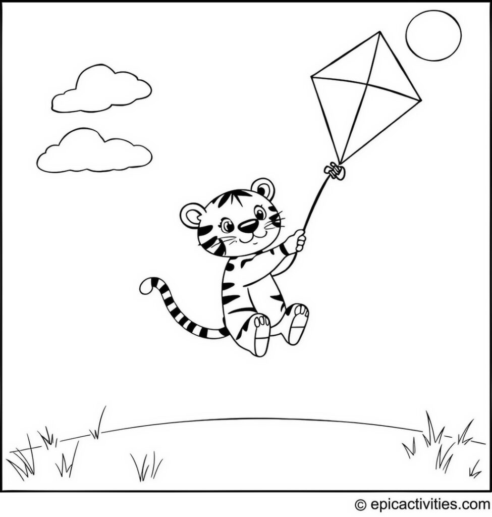 Coloring page of a Cute Cartoon Tiger Flying a Large Rainbow Kite