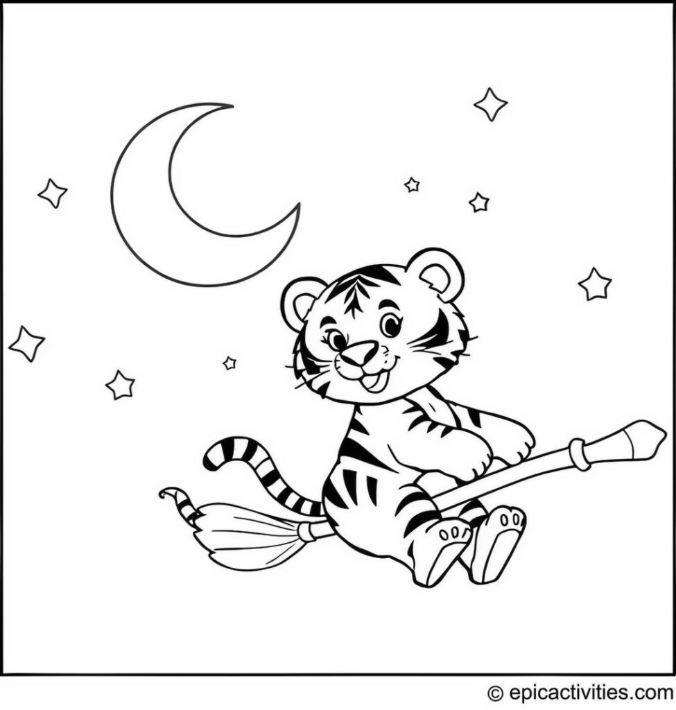 Coloring page of a cute cartoon tiger flying on a broomstick in a night sky with crescent moon and stars