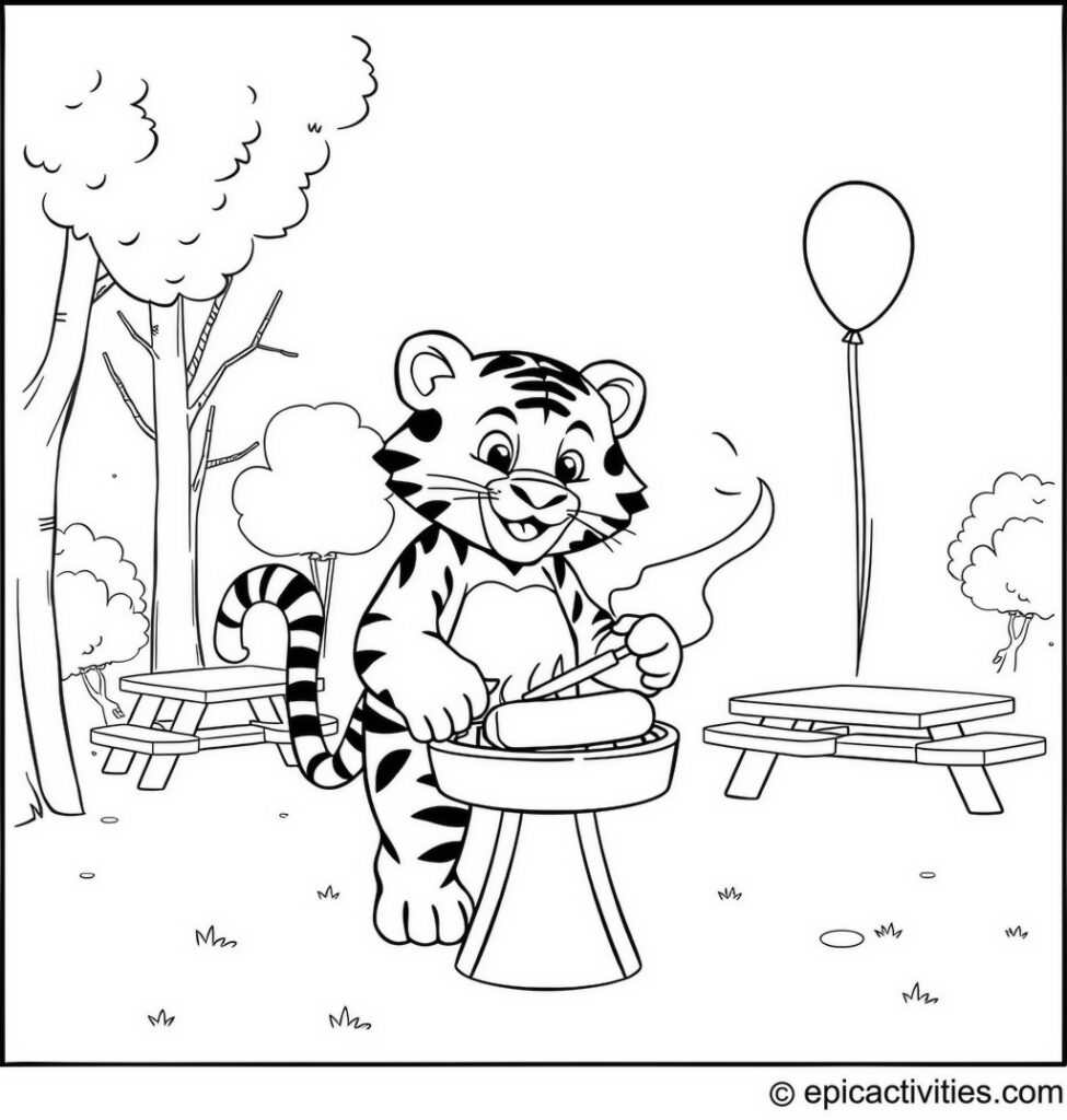 Coloring page of a Cute Cartoon Tiger Grilling Hotdogs in a Park