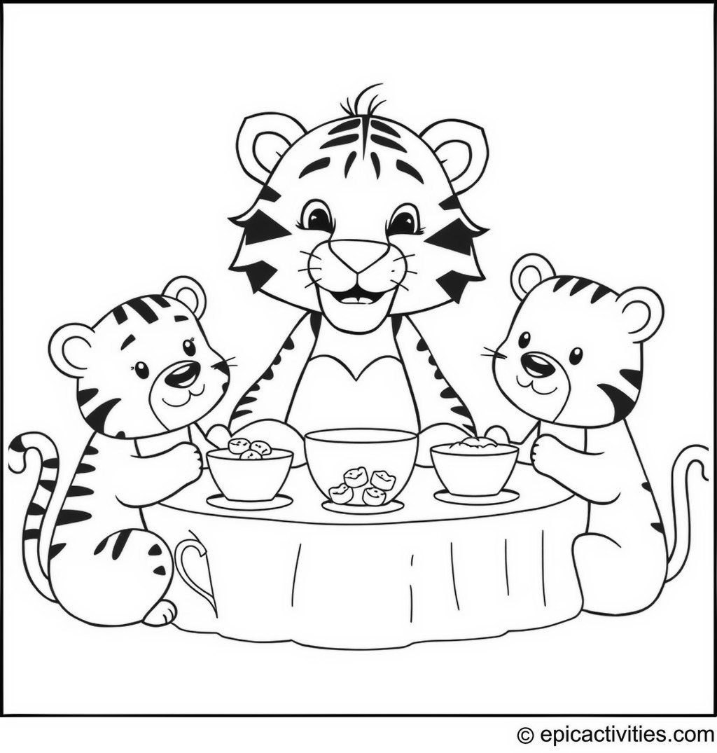 Coloring page of a cute cartoon tiger having a tea party with other cute cartoon animals
