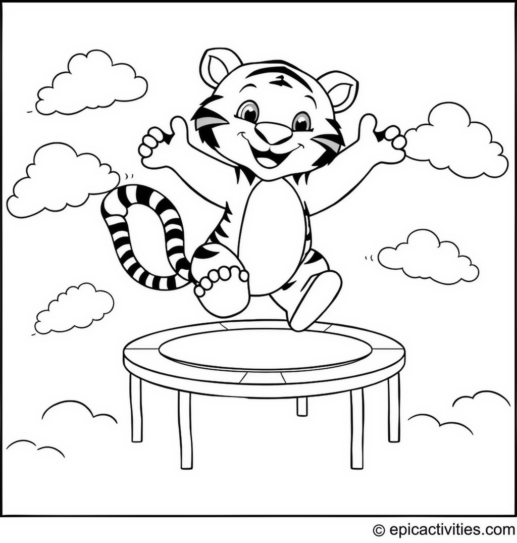 Coloring page of a Cute Cartoon Tiger Jumping on a Trampoline in the Clouds