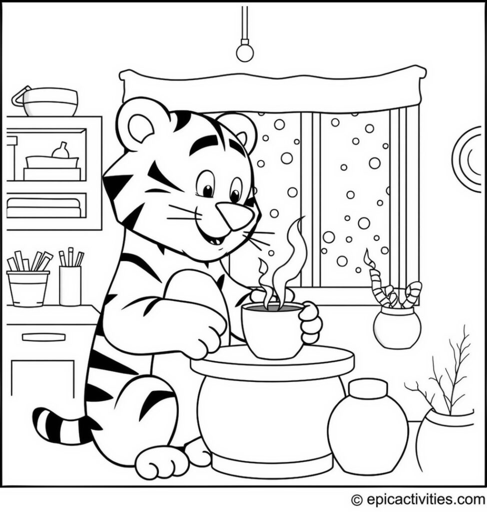 Coloring page of a Cute Cartoon Tiger Making Hot Cocoa