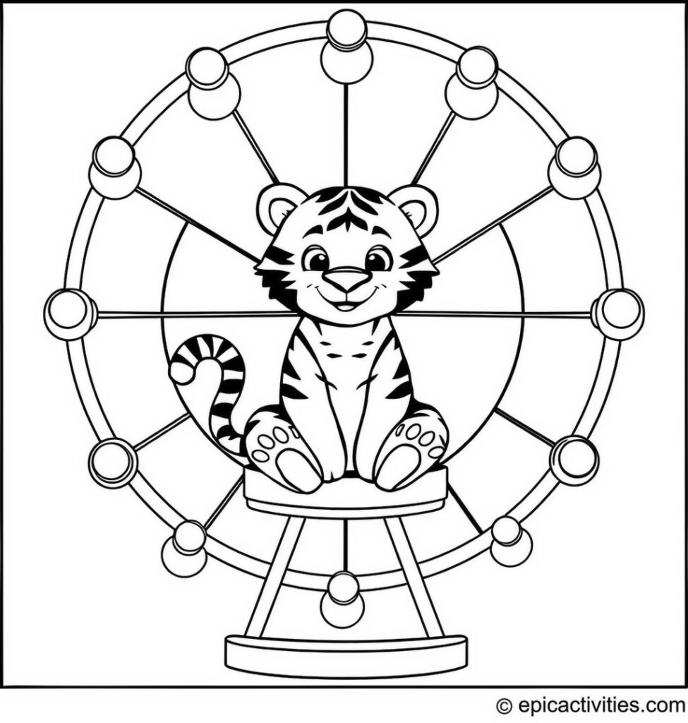 Coloring page of a cute cartoon tiger on a Ferris wheel