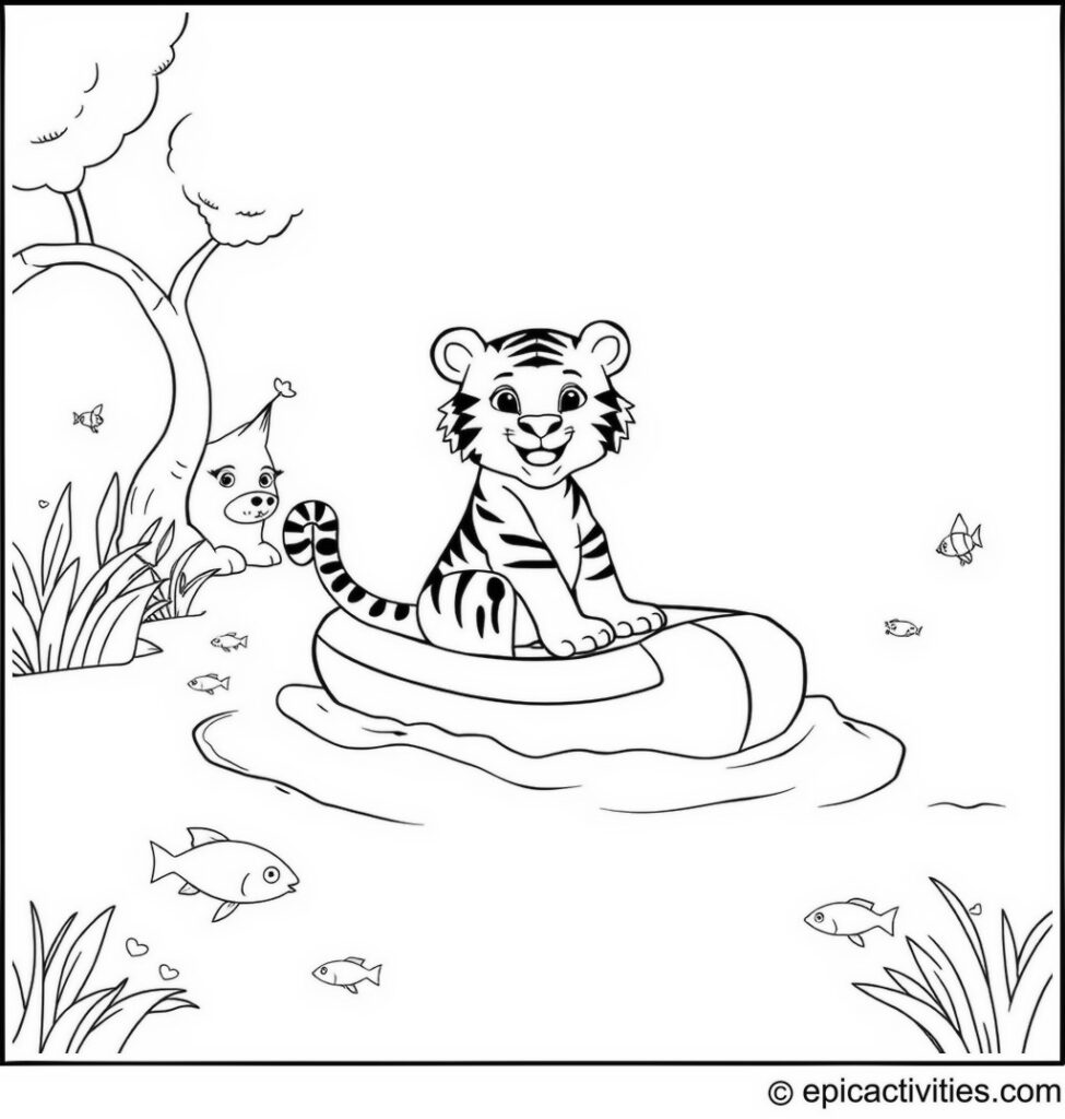 Coloring page of a Cute Cartoon Tiger on a Raft in a Cartoon River