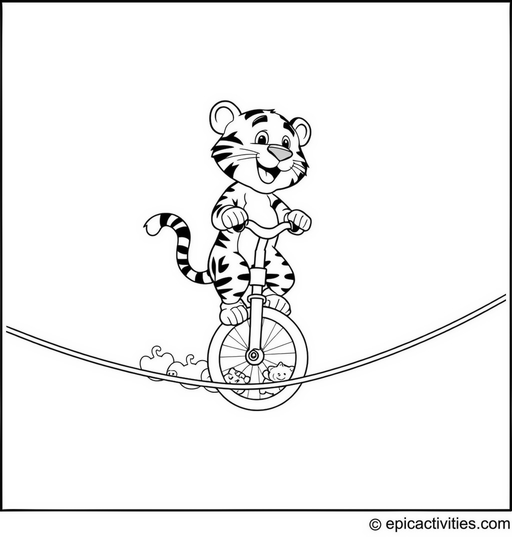 Coloring page of a cute cartoon tiger on a unicycle on a tightrope with plush toys safety net