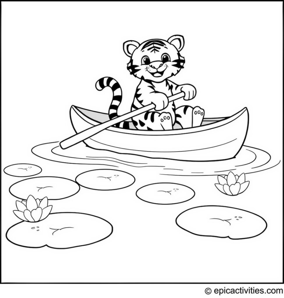 Coloring page of a cute cartoon tiger paddling in a canoe on a pond with lily pads