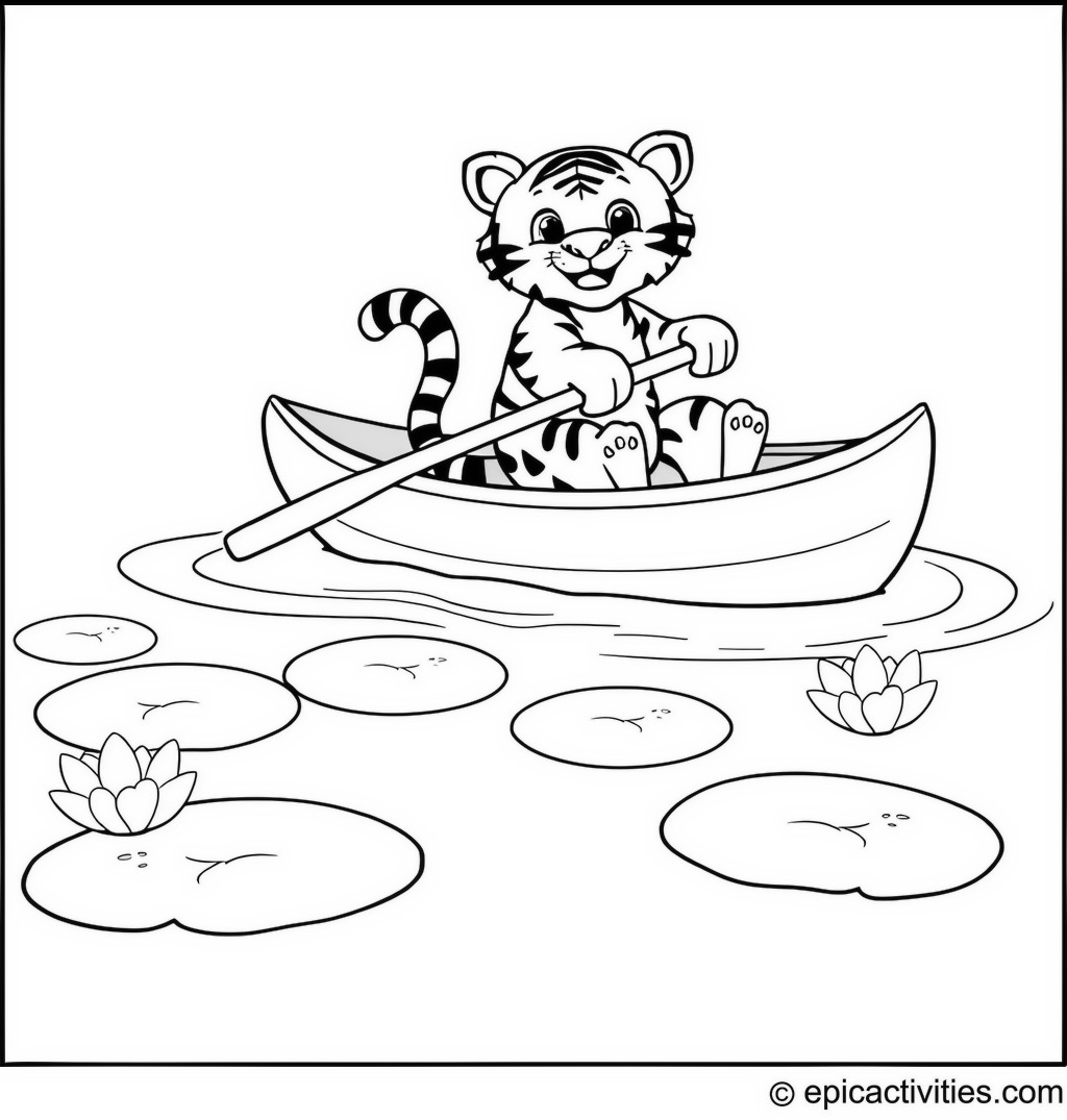 Coloring page of a cute cartoon tiger paddling in a canoe on a pond with lily pads