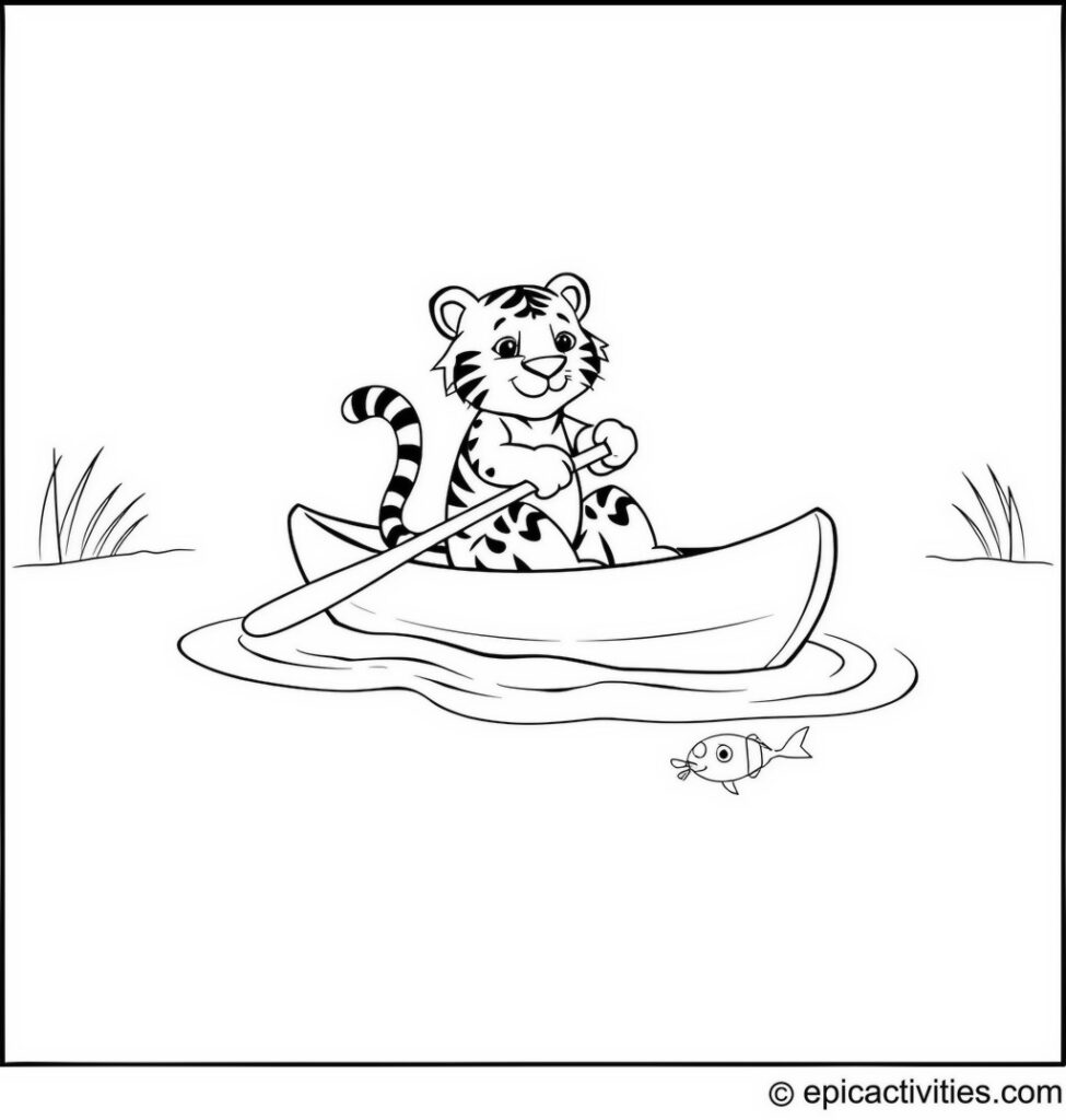 Coloring page of a cute cartoon tiger paddling a canoe on a calm river