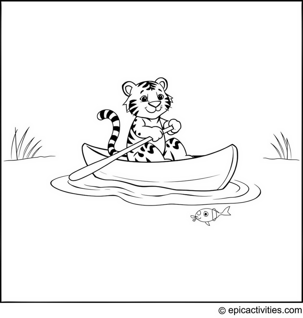 Coloring page of a cute cartoon tiger paddling a canoe on a calm river