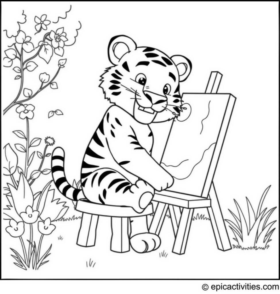 Coloring page of a Cute Cartoon Tiger Painting in a Garden