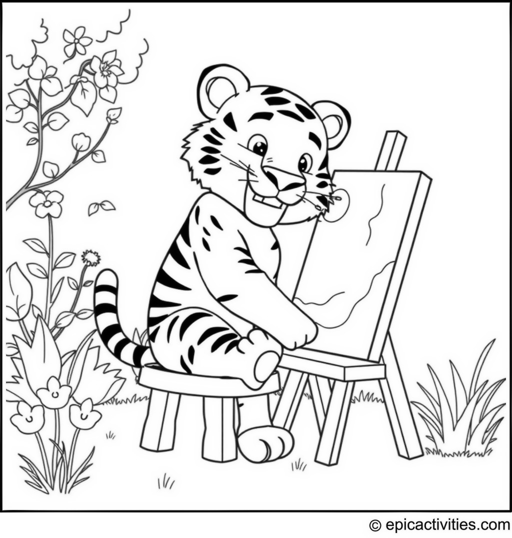 Coloring page of a Cute Cartoon Tiger Painting in a Garden