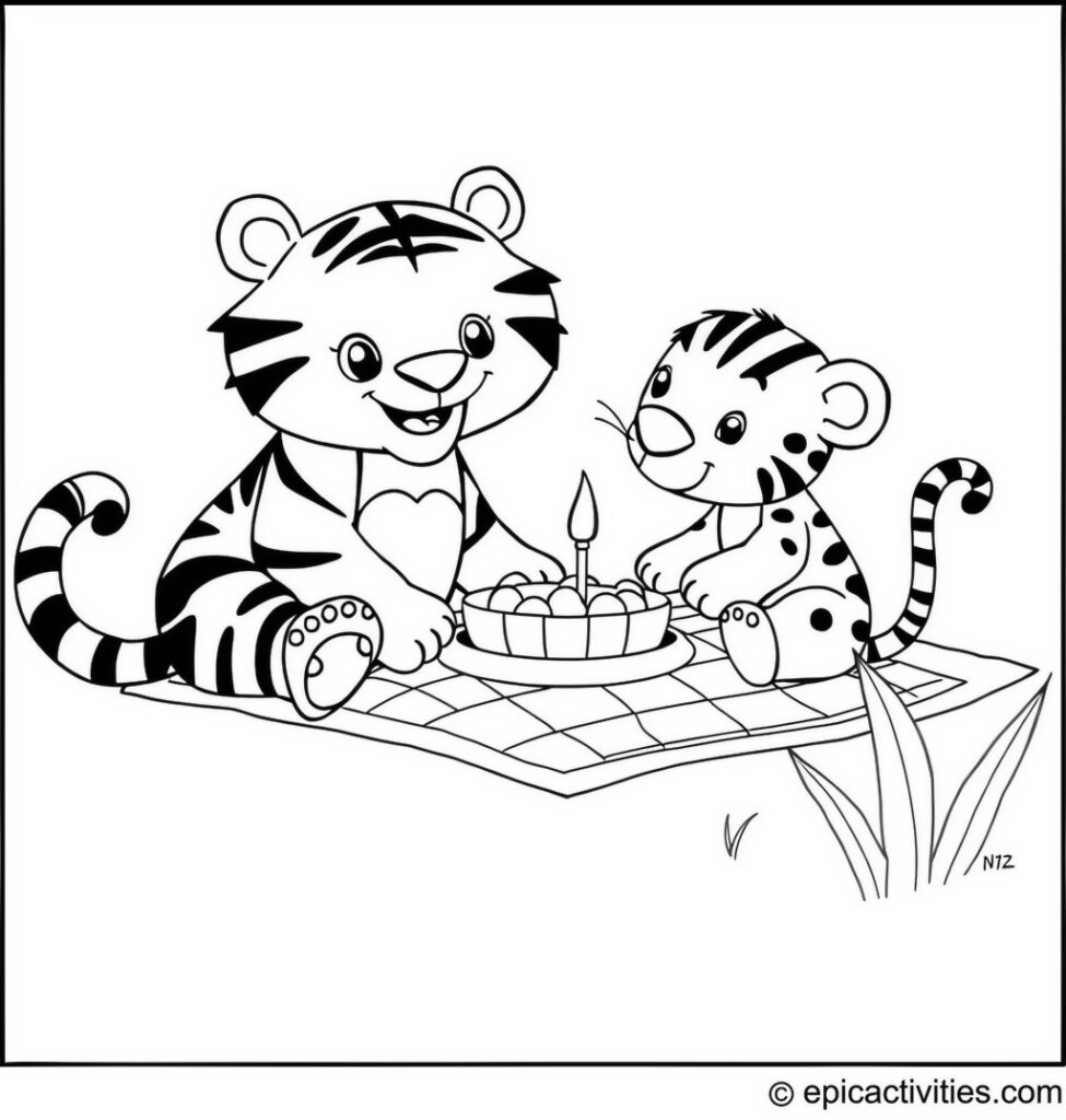 Coloring page of a Cute Cartoon Tiger Picnicking with a Jungle Friend on a Checkered Blanket