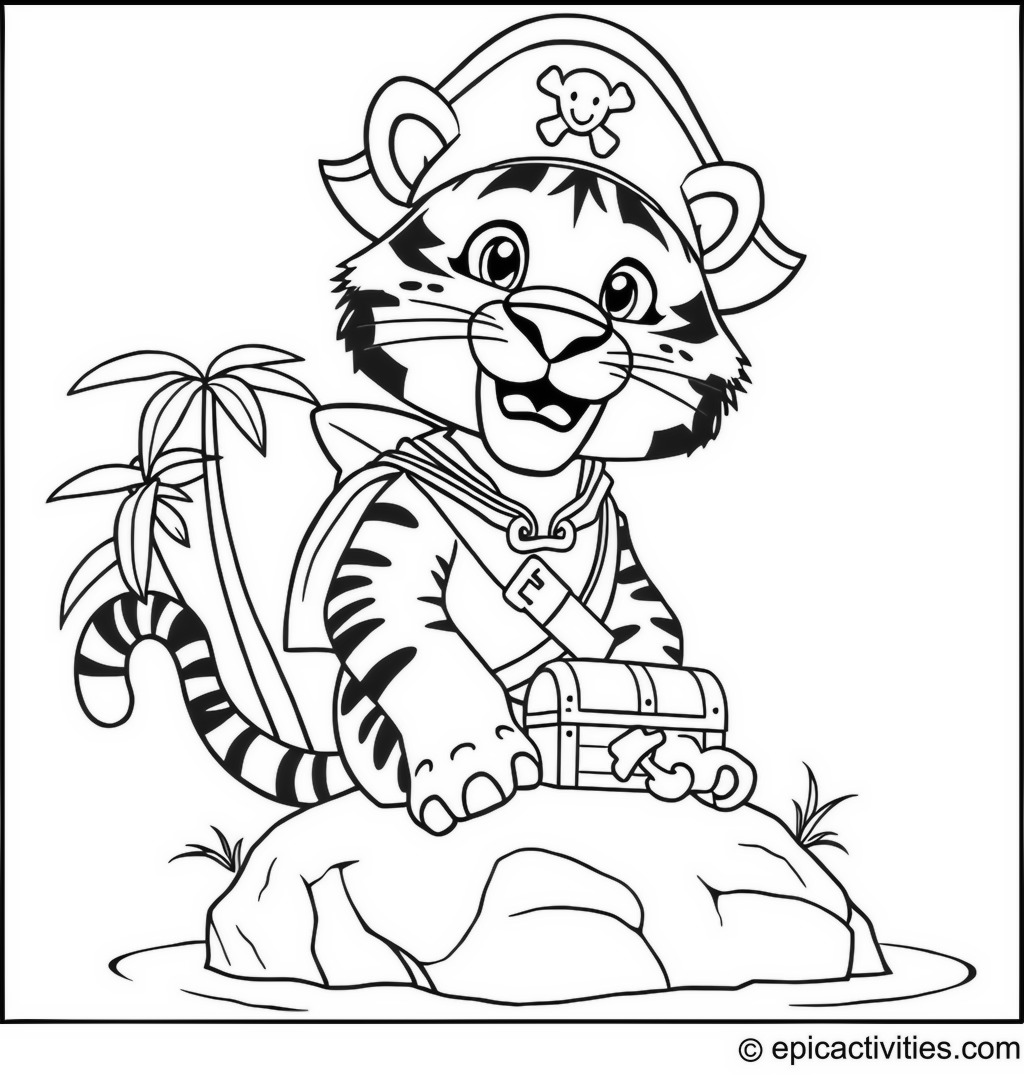 Coloring page of a cute cartoon tiger pirate captain with a treasure chest