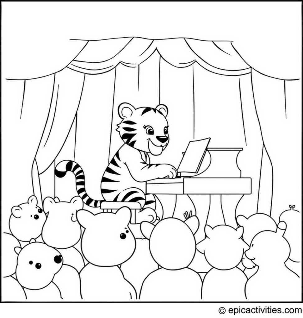 Coloring page of a Cute Cartoon Tiger Playing the Piano