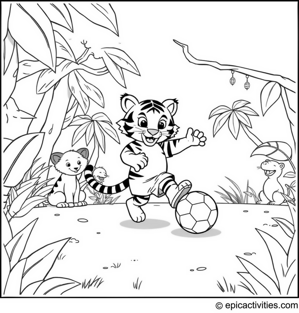 Coloring page of a Cute Cartoon Tiger Playing Soccer in a Cartoon Jungle