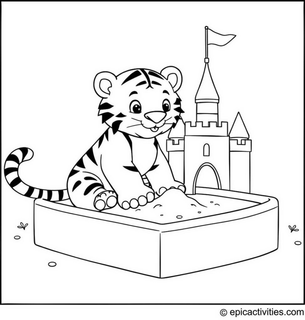 Coloring page of a Cute Cartoon Tiger Playing in a Sandbox Building a Cartoon Castle