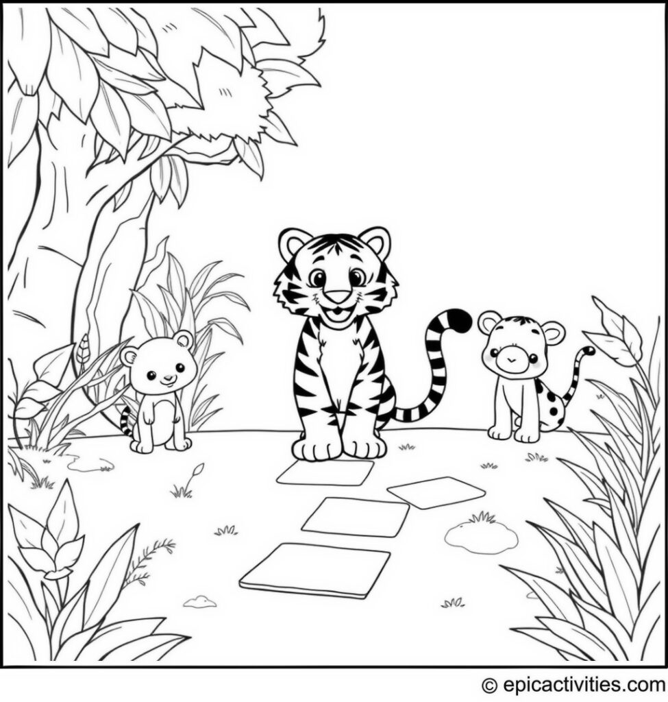 Coloring page of a Cute Cartoon Tiger Playing Hopscotch with Animal Friends in the Jungle Clearing