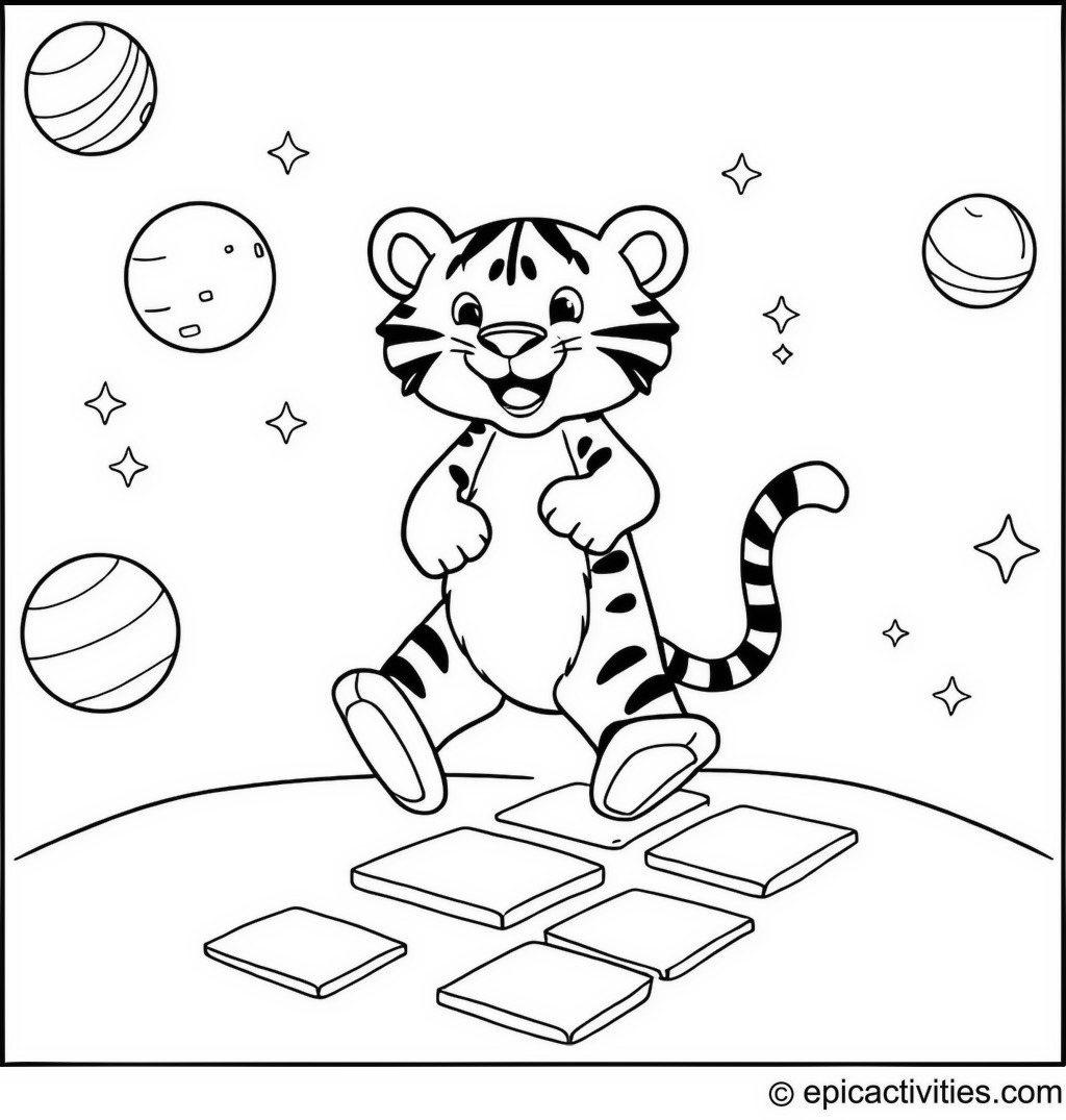 Coloring page of a Cute Cartoon Tiger Playing Hopscotch on the Moon