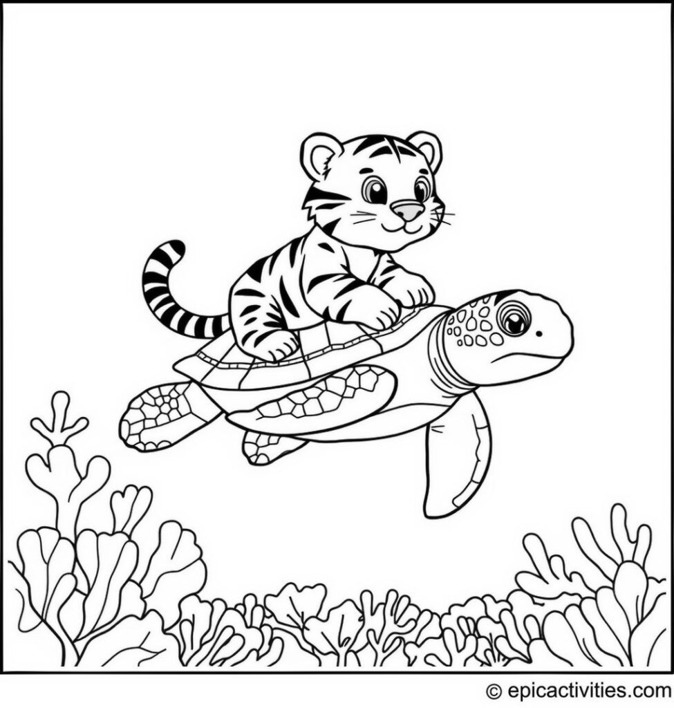 Coloring page of a Cute Cartoon Tiger Riding a Sea Turtle Underwater Exploring a Coral Reef
