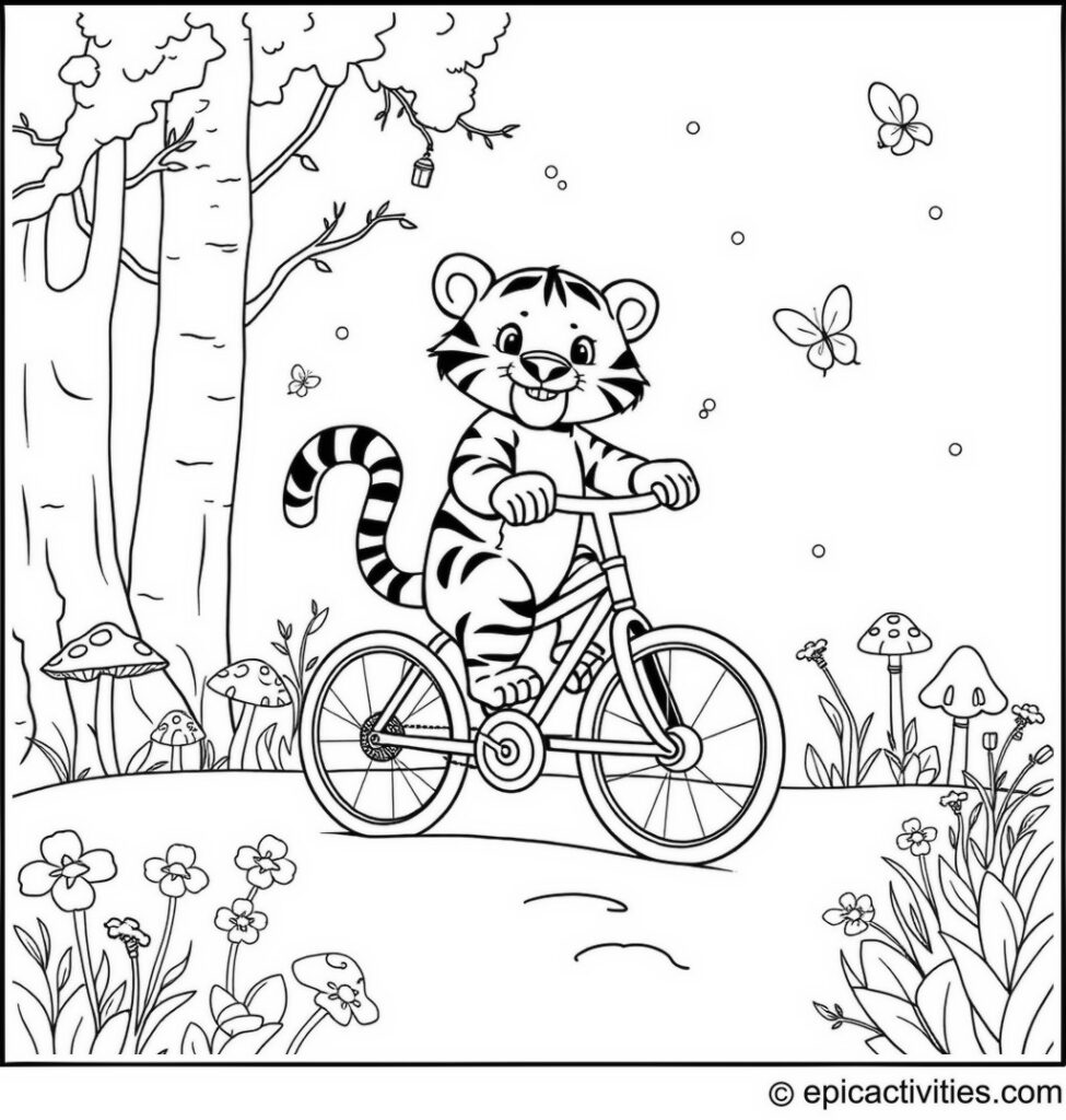 Coloring page of a Cute Cartoon Tiger Riding a Bicycle through an Enchanted Forest