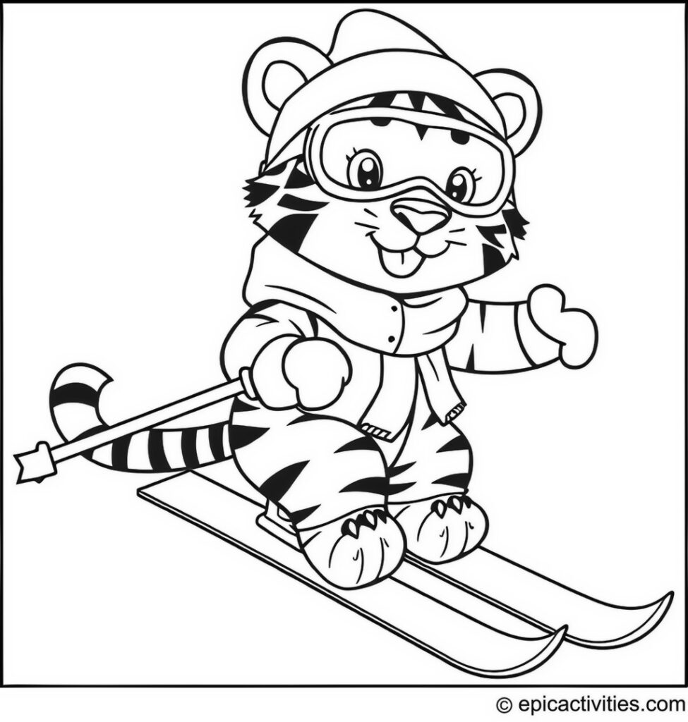 Coloring page of a cute cartoon tiger skiing in winter