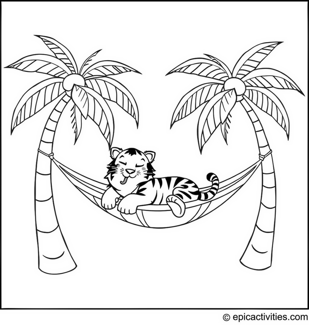 Coloring page of a cute cartoon tiger sleeping on a hammock tied between two coconut trees on a beach.