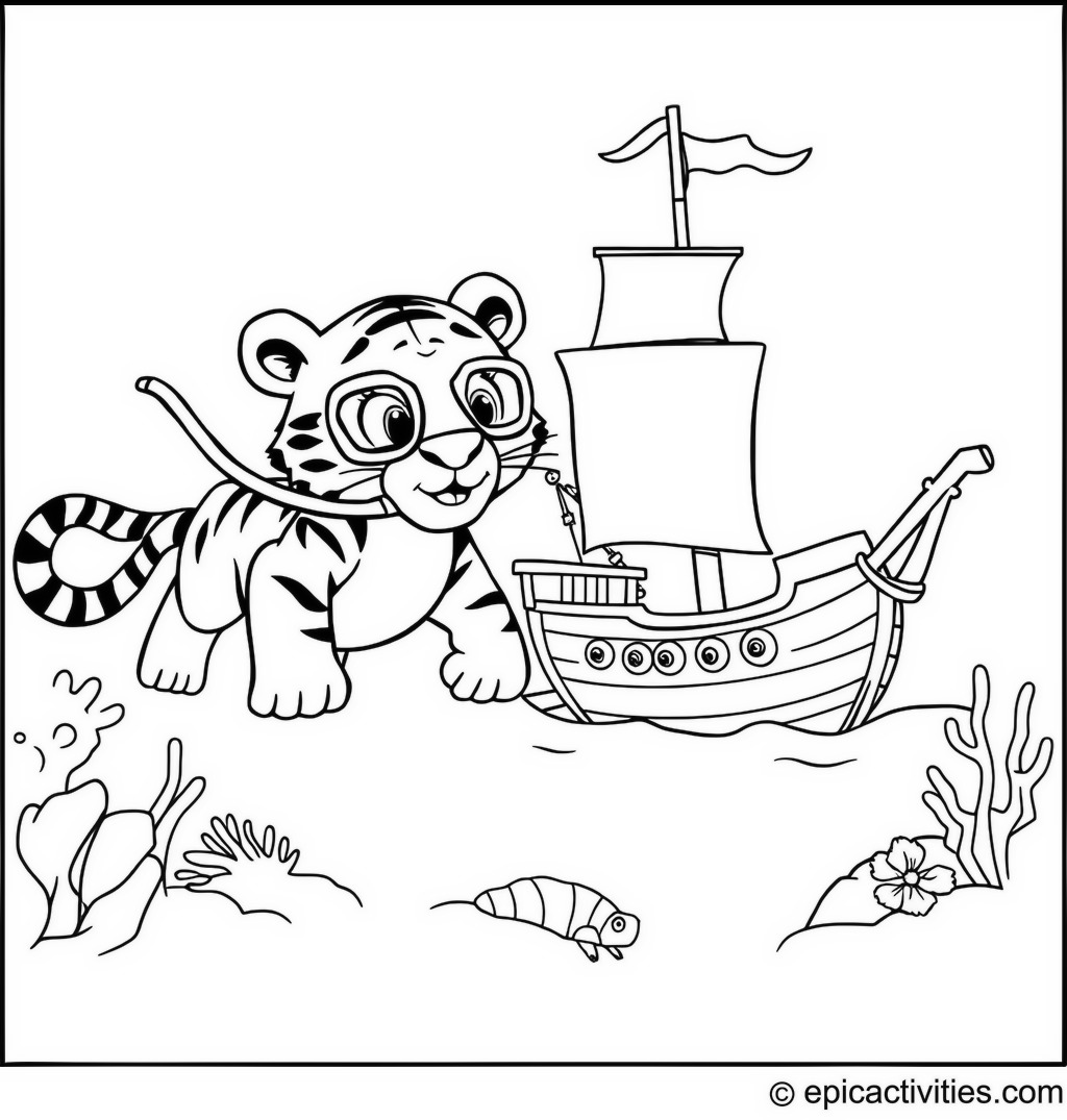 Coloring page of a Cute Cartoon Tiger Snorkelling Next to a Sunken Pirate Ship