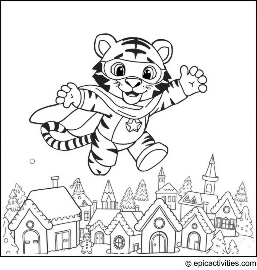 Coloring page of a Cute Cartoon Tiger Superhero Flying Over Gingerbread Houses City