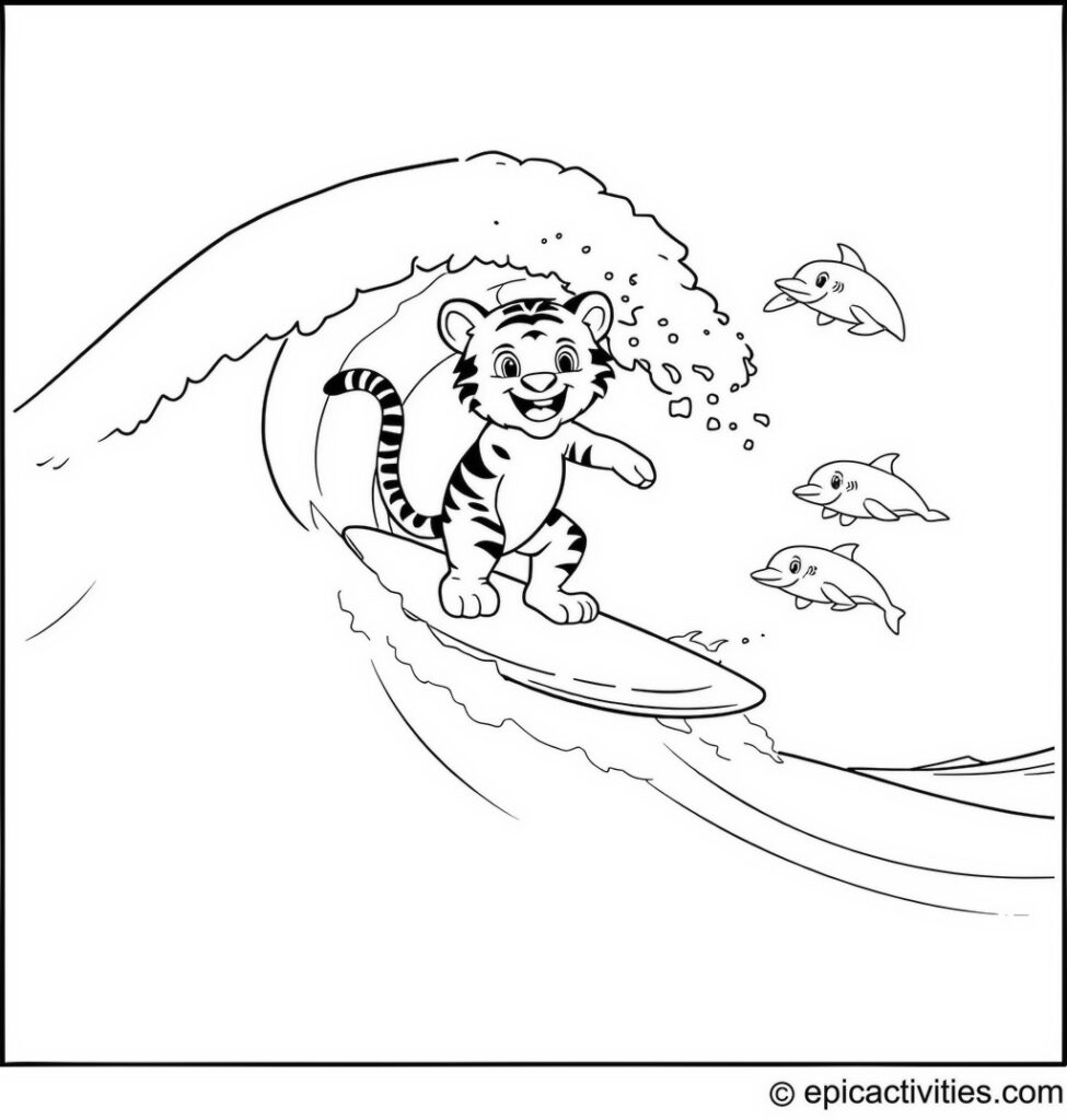 Coloring page of a Cute Cartoon Tiger Surfing with Dolphins