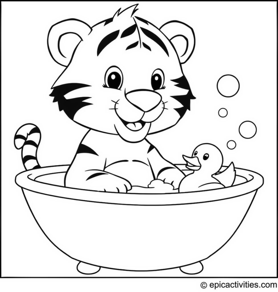 Coloring page of a Cute Cartoon Tiger Taking a Bubble Bath with a Rubber Ducky