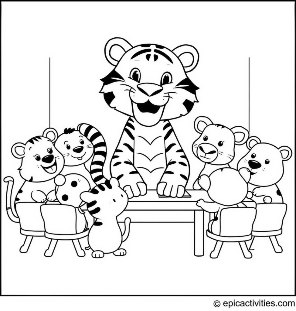 Coloring page of a cute cartoon tiger teaching a classroom full of cute cartoon animals