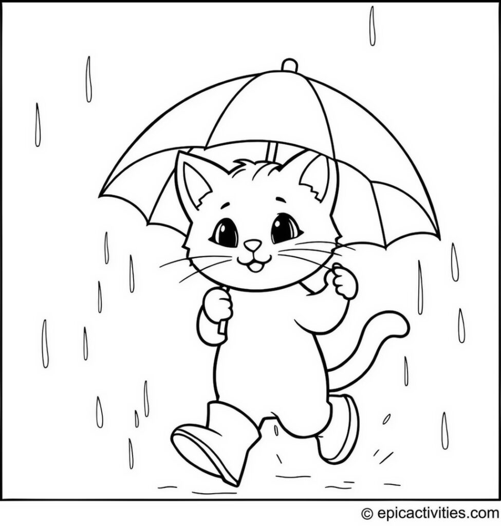 Coloring page of a Cute Cat Running in the Rain with an Umbrella